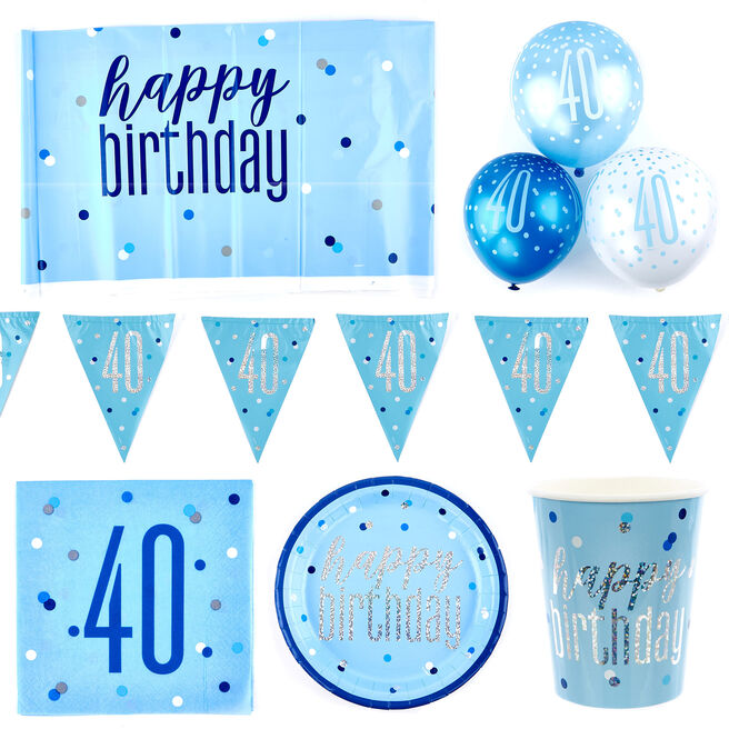 Blue 40th Birthday Party Tableware & Decorations Bundle -  16 Guests
