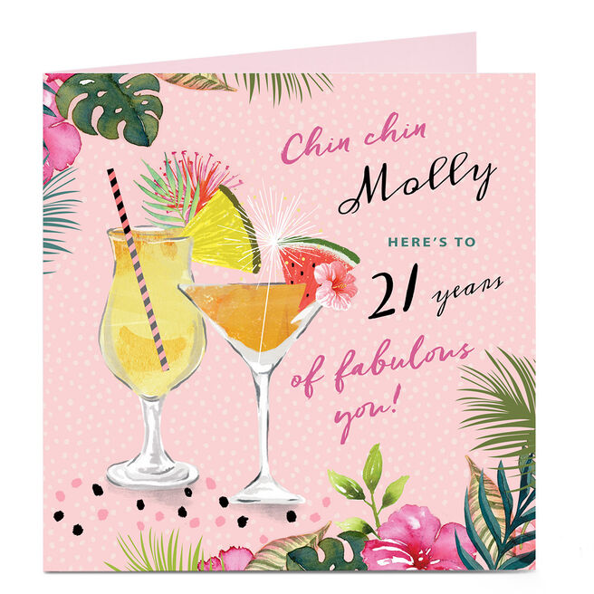 Personalised 21st Birthday Card - Chin Chin Cocktails, Editable Age