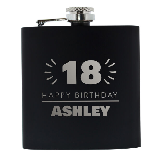 Personalised 18th Birthday Hip Flask - Black & Silver 