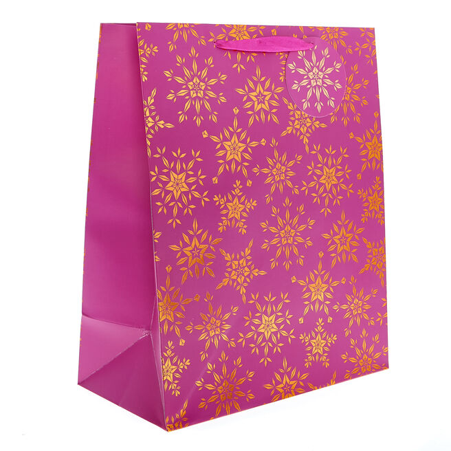 Large Portrait Pink & Bronze Snowflakes Christmas Gift Bag, Large Portrait Pink & Bronze Snowflakes Christmas Gift Bag