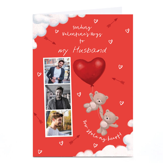Personalised Valentine Hugs Photo Card- Cute Bears with Heart Balloon