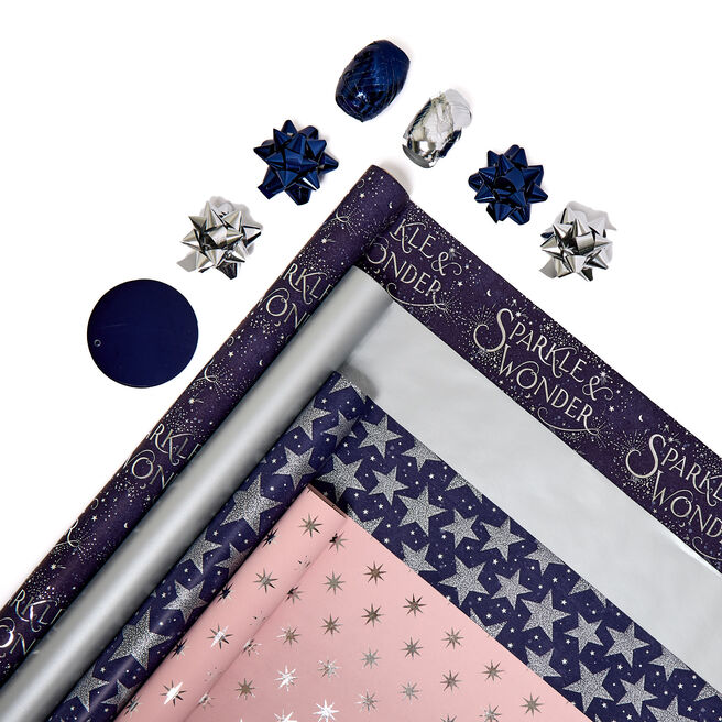 Navy & Silver Christmas Wrapping Paper & Accessories - 12 Rolls