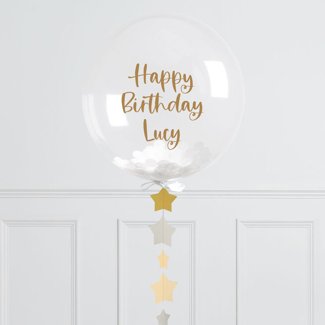 Personalised 20-Inch Gold & Silver Star Confetti Bubblegum Balloon - DELIVERED INFLATED!