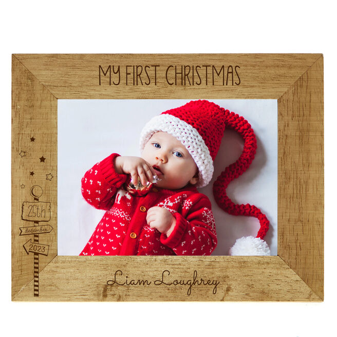 Personalised Engraved Wooden Photo Frame - First Christmas, Signpost