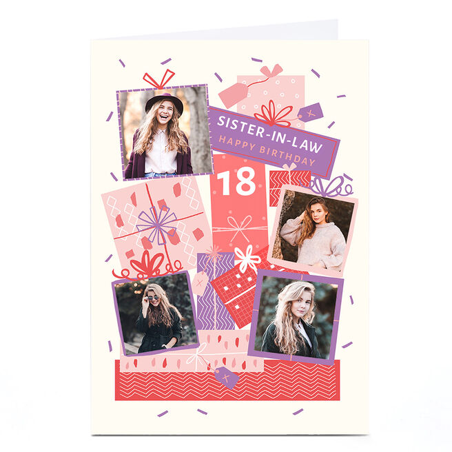 Photo Birthday Card - 4 Photos Pink & Purple Presents, Editable Age & Recipient