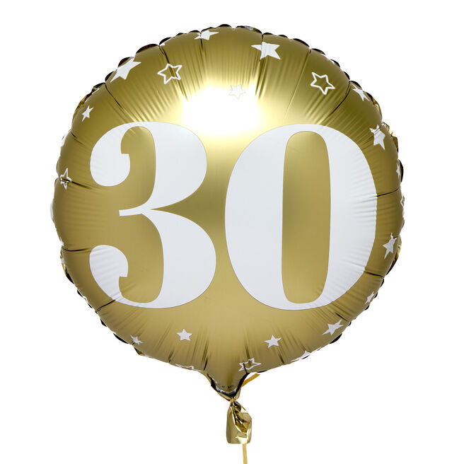 White & Gold Stars 30th 18-Inch Foil Helium Balloon