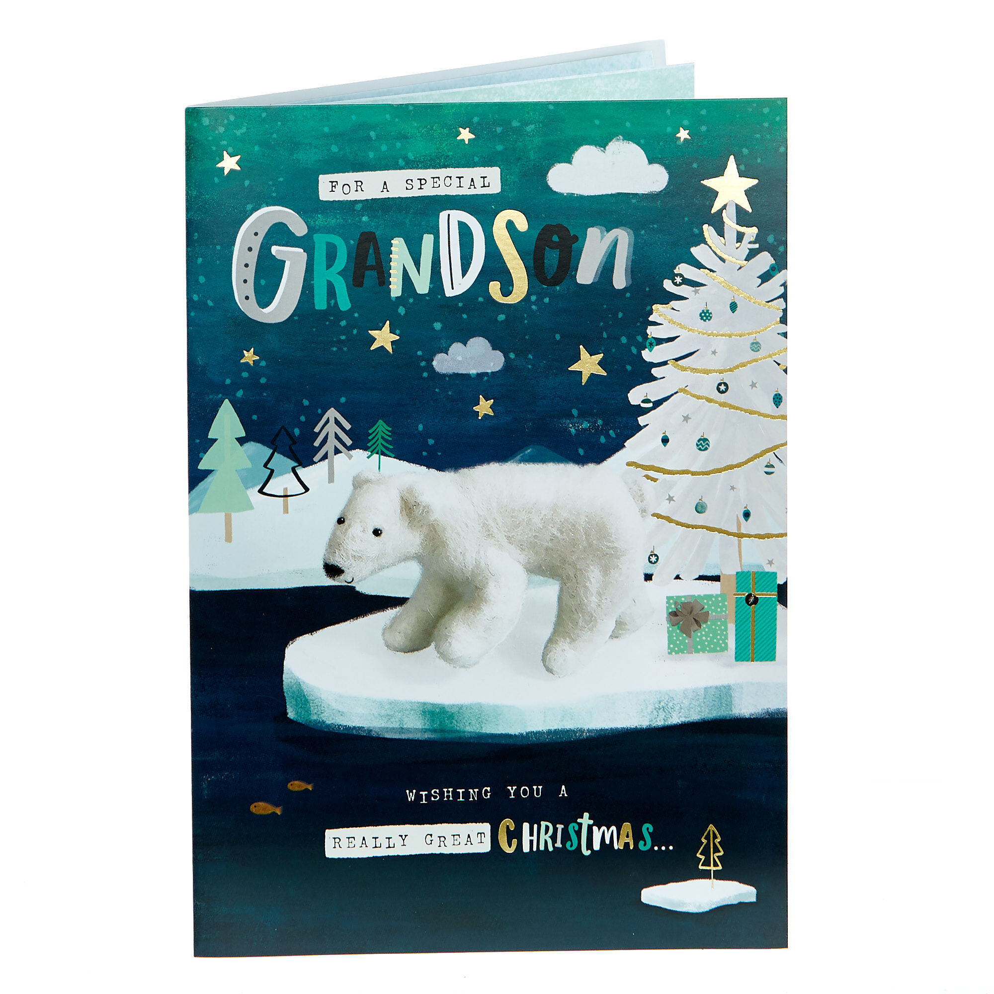 Grandsons 1st Christmas Card Grey Bear in Snow