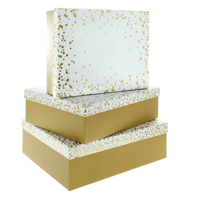 White & Gold Spots & Stars Gift Boxes - Set Of 3