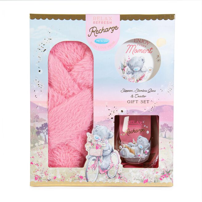 Tatty Teddy Slippers, Stemless Glass & Coaster Gift Set