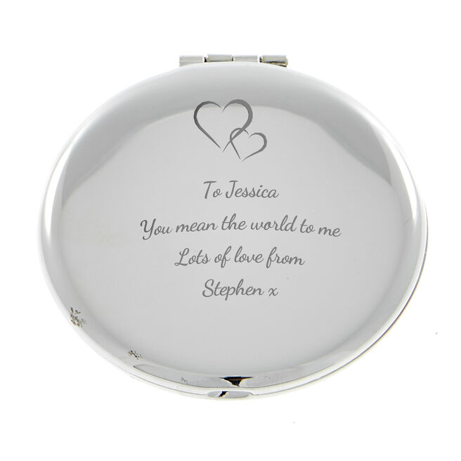 Personalised Engraved Silver Round Compact Mirror - Hearts, Any Message