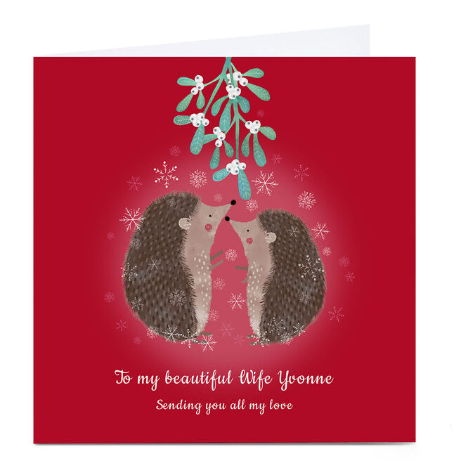 Personalised Kerry Spurling Christmas Card - Red Hedgehogs & Mistletoe