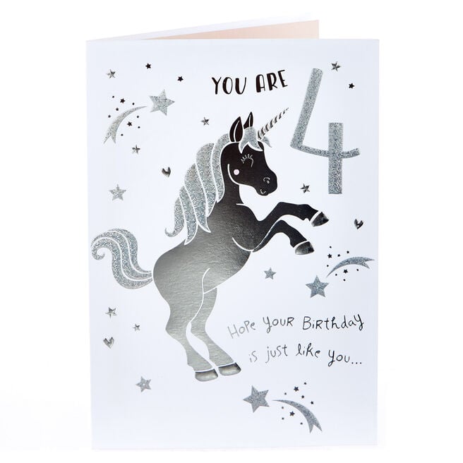 4th Birthday Card - Silver Unicorn