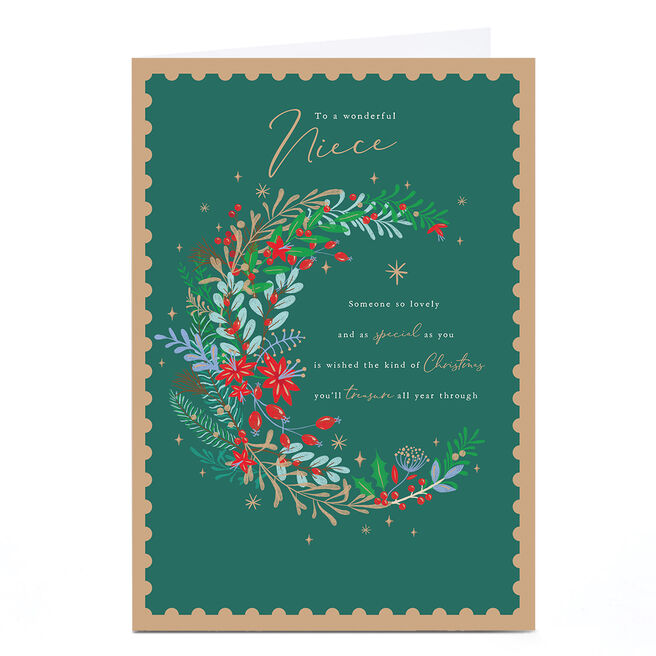 Personalised Christmas Card - Green with Circle of Flowers, Niece