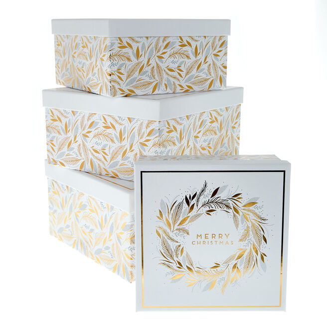 Gold Christmas Wreath & Leaves Gift Boxes - Set of 3