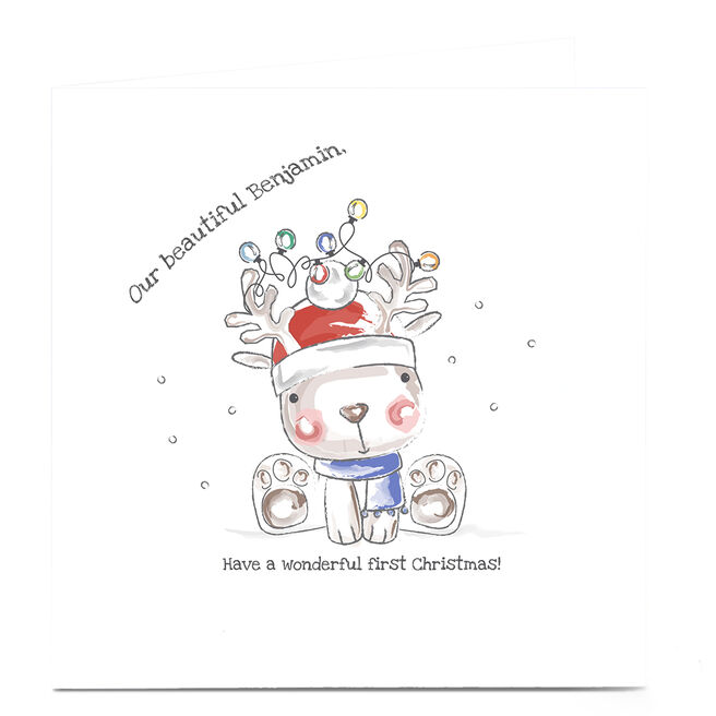 Personalised Rachel Griffin 1st Christmas Card - Rudolf Baby Boy