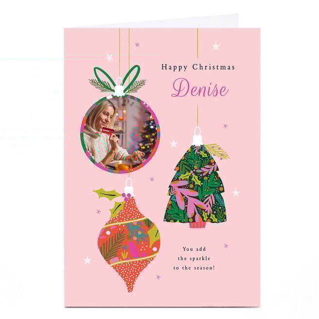 Photo Christmas Card - Pink Modern Baubles, Any Name