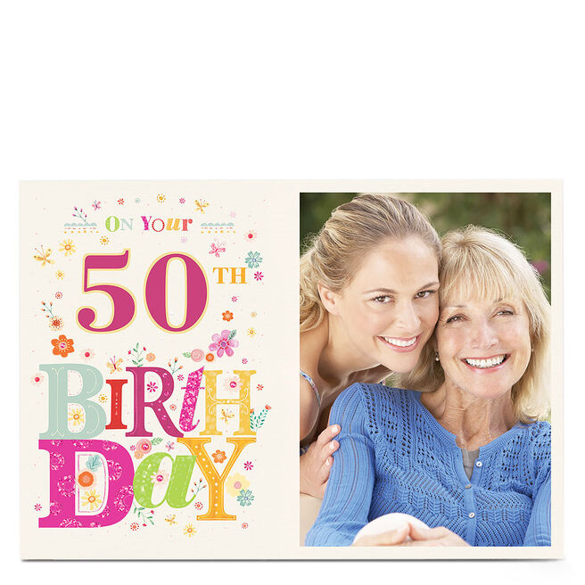 Photo Birthday Card - Floral Lettering, Editable Age