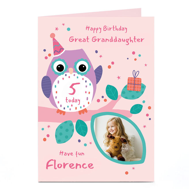 Photo 5th Birthday Card - Pink Owl