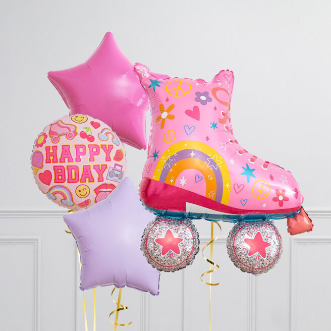 Rainbow Rollerskate Birthday Supershape & Foil Balloon Package - Delivered Inflated!
