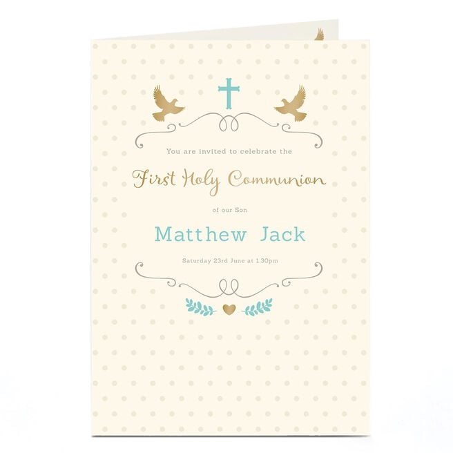 Personalised Holy Communion Invitation - Cream & Blue