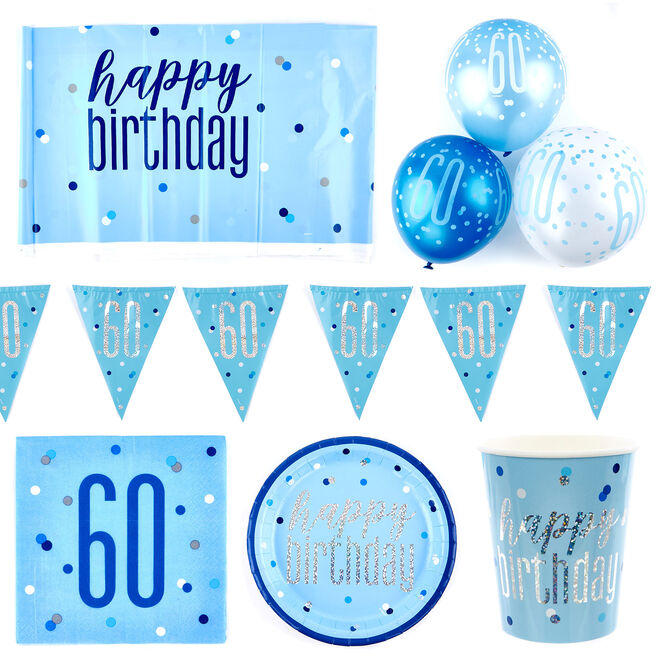 Blue 60th Birthday Party Tableware & Decorations Bundle - 16 Guests
