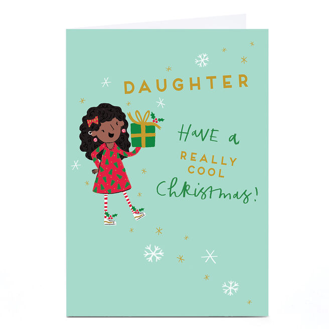 Personalised Christmas Card - Girl with Present, Daughter