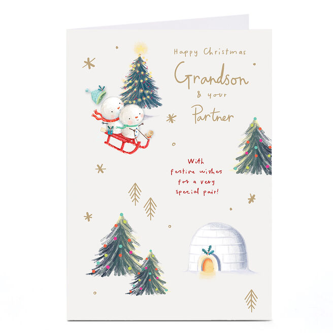 Christmas Card - Sledding Snowcouple, Grandson & Your Partner 