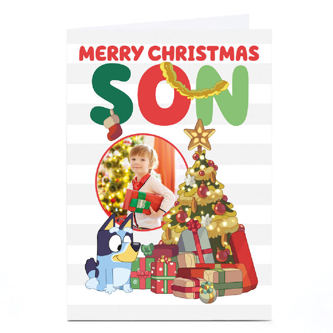 Photo Bluey Christmas Card - Christmas Tree and Presents, Son