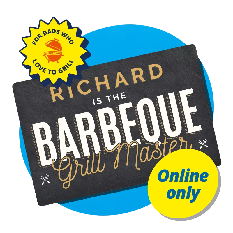 A black rectangular sign with bold mixed‑style lettering reading ‘Richard is the Barbeque Grill Master,’ displayed against a bright orange background with a yellow badge that says ‘For dads who love to grill. A black rectangular sign with bold mixed‑style lettering reading ‘Richard is the Barbeque Grill Master,’ displayed against a bright orange background with a yellow badge that says ‘For dads who love to grill.