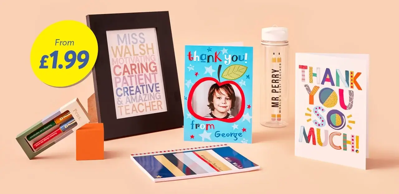 A display of various thank you cards and gifts, including a framed print, a water bottle, and a set of pens. A yellow circle with the text 'From £1.99' is also visible.