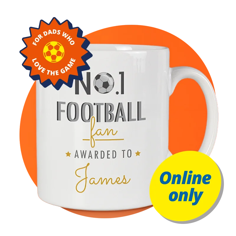 A white ceramic mug featuring a football‑themed design with a ball icon and the text ‘No.1 Football Fan awarded to James’ in black and gold lettering, displayed against a bright orange background with a ‘For dads who love the game’ badge. A white ceramic mug featuring a football‑themed design with a ball icon and the text ‘No.1 Football Fan awarded to James’ in black and gold lettering, displayed against a bright orange background with a ‘For dads who love the game’ badge.
