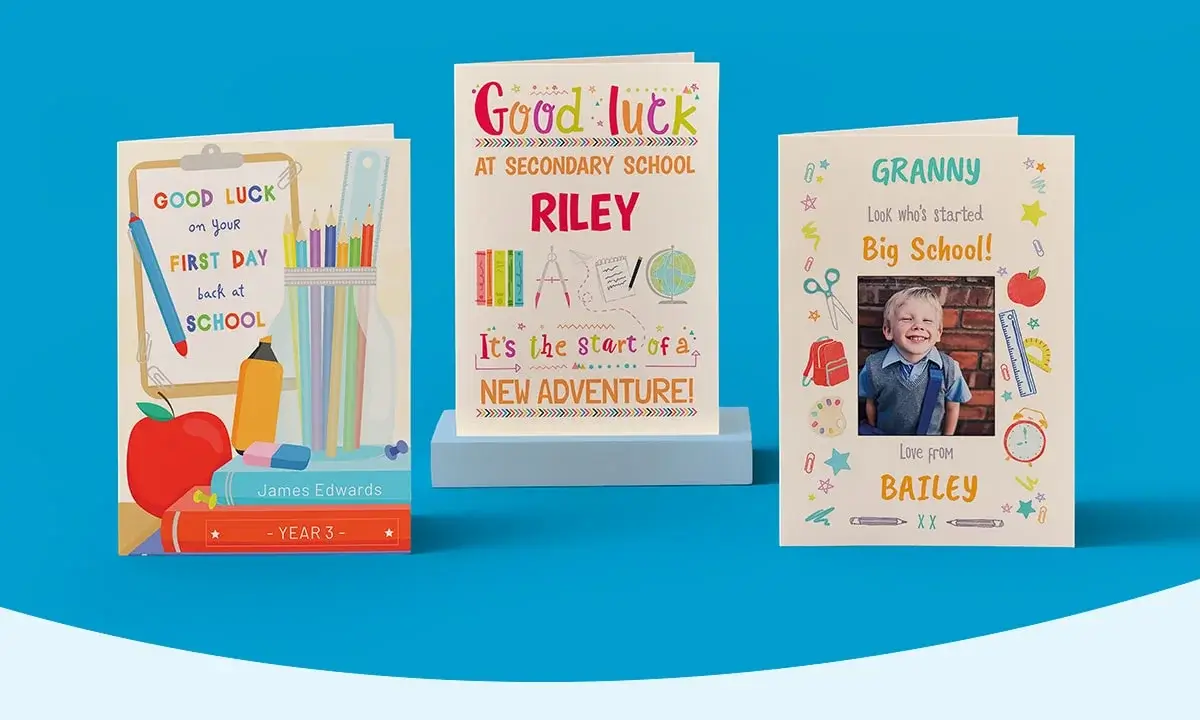 Three school-themed greeting cards on a blue background, each with personalised messages for James, Riley, and Bailey starting or returning to school.