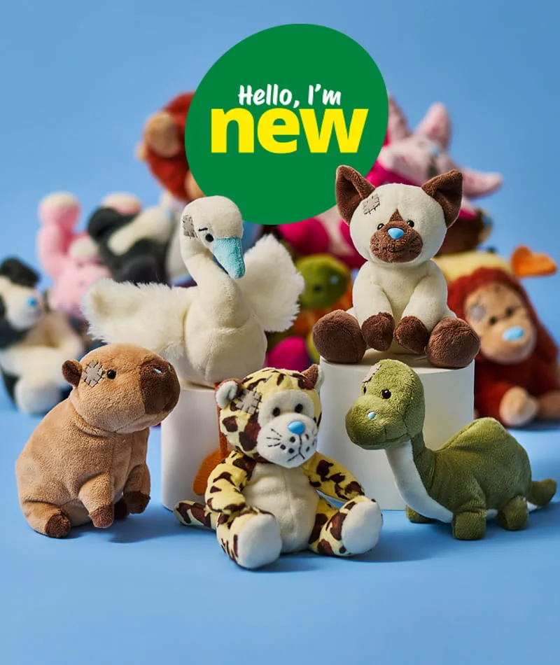 Collection of soft toy animals including a swan, dog, dinosaur, and tiger displayed on a blue background with a Hello I’m new sign