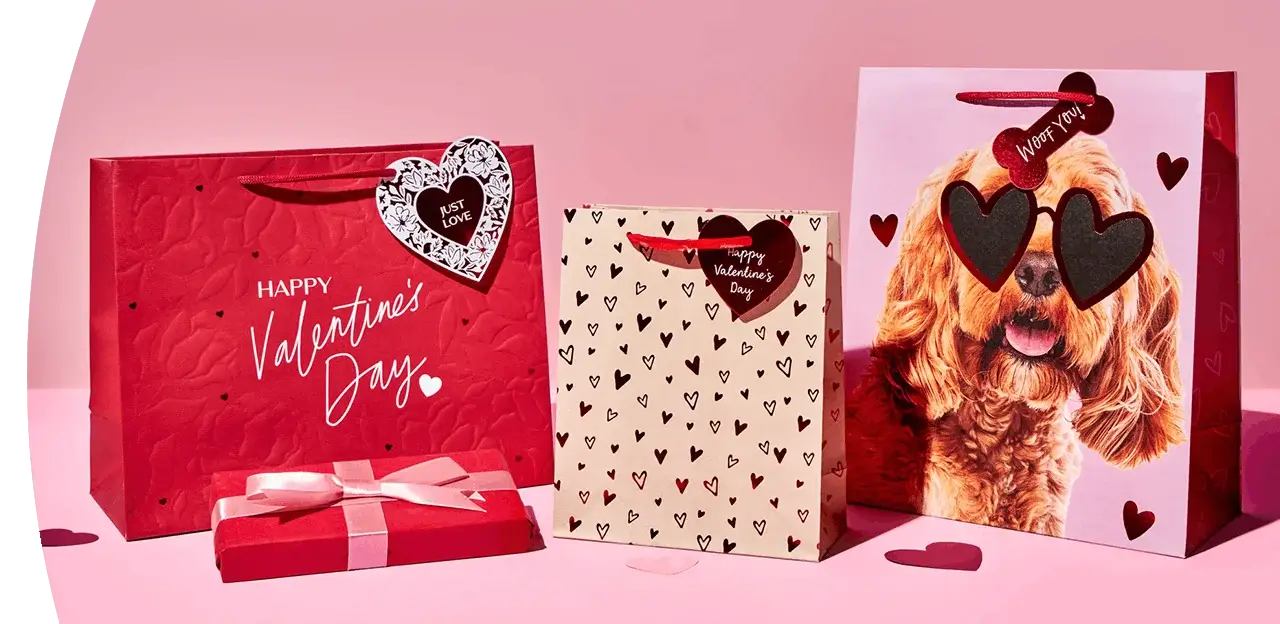 A set of Valentine’s Day gift bags and a wrapped present displayed on a pink background, featuring heart patterns, red and cream colors, and one bag with a dog wearing heart-shaped glasses.