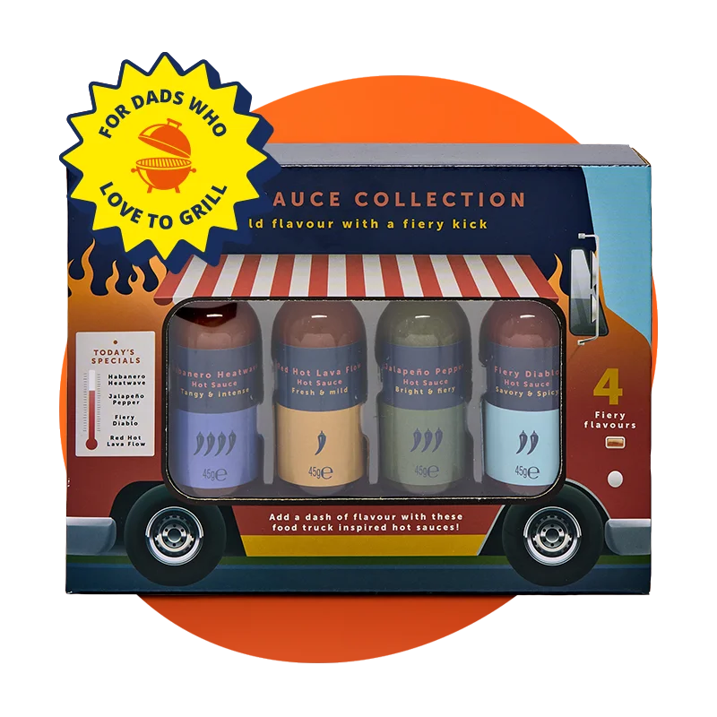 A boxed hot sauce gift set designed like a food truck, labelled ‘Sauce Collection – bold flavour with a fiery kick,’ featuring four bottles of hot sauce in different flavours, displayed against an orange background with a badge reading ‘For dads who love to grill. A boxed hot sauce gift set designed like a food truck, labelled ‘Sauce Collection – bold flavour with a fiery kick,’ featuring four bottles of hot sauce in different flavours, displayed against an orange background with a badge reading ‘For dads who love to grill.