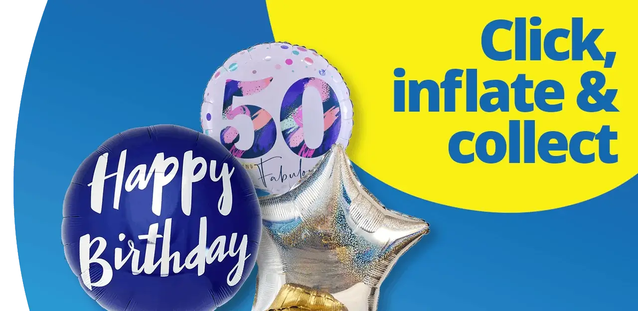 Blue, silver, and colourful birthday balloons arranged together, including a large Happy Birthday balloon and a 50 celebration balloon, with the text Click, inflate and collect on a bright background.