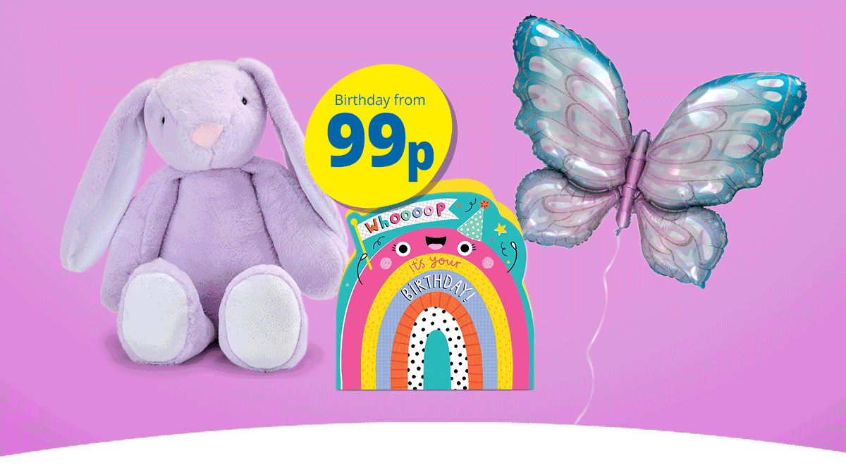 Wide banner with pastel pink and blue background, featuring birthday text alongside a plush bunny, butterfly decoration, and a colorful rainbow card.