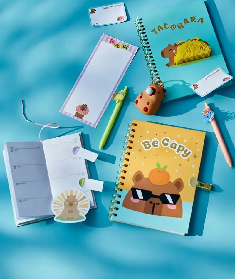 Character-themed stationery collection including notebooks, pens, pencils, erasers, and pencil cases displayed on a blue background. Character-themed stationery collection including notebooks, pens, pencils, erasers, and pencil cases displayed on a blue background.