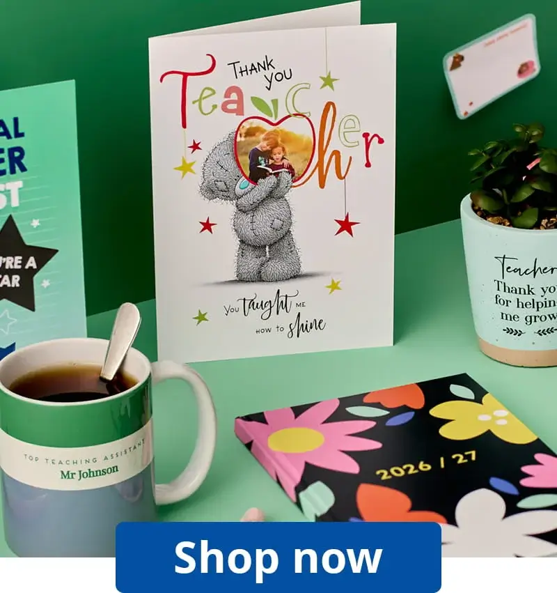 Teacher thank you card with personalised photo, mug, planner, and plant arranged on a green background with shop now banner
