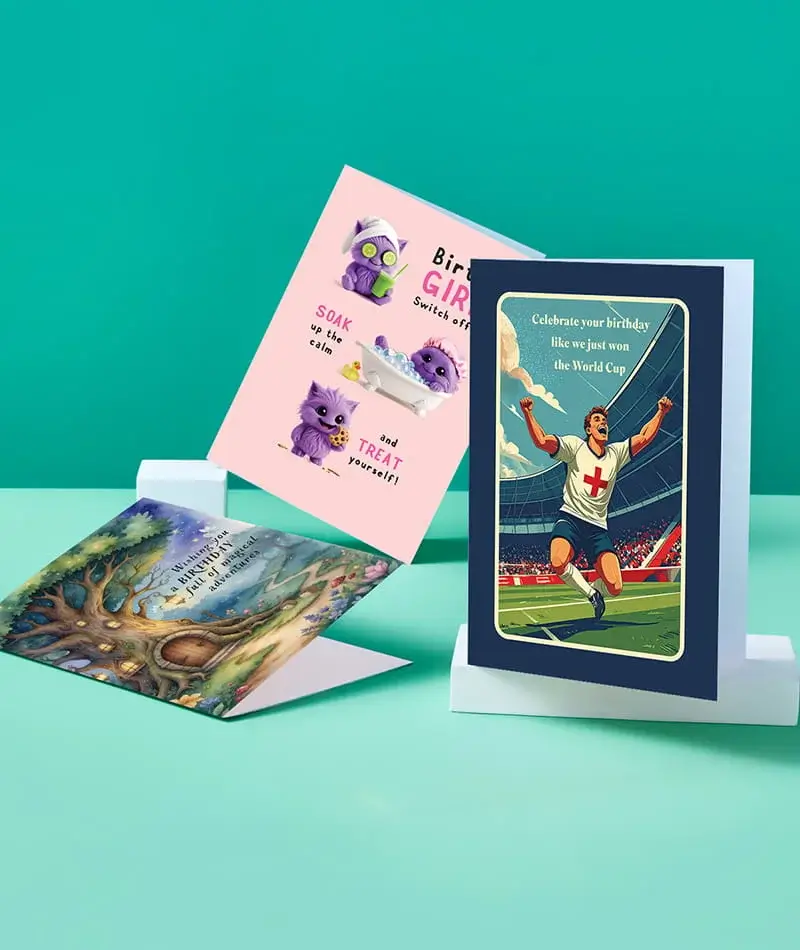 Selection of birthday cards featuring humour, fantasy, and football-themed designs displayed on stands against a teal background Selection of birthday cards featuring humour, fantasy, and football-themed designs displayed on stands against a teal background