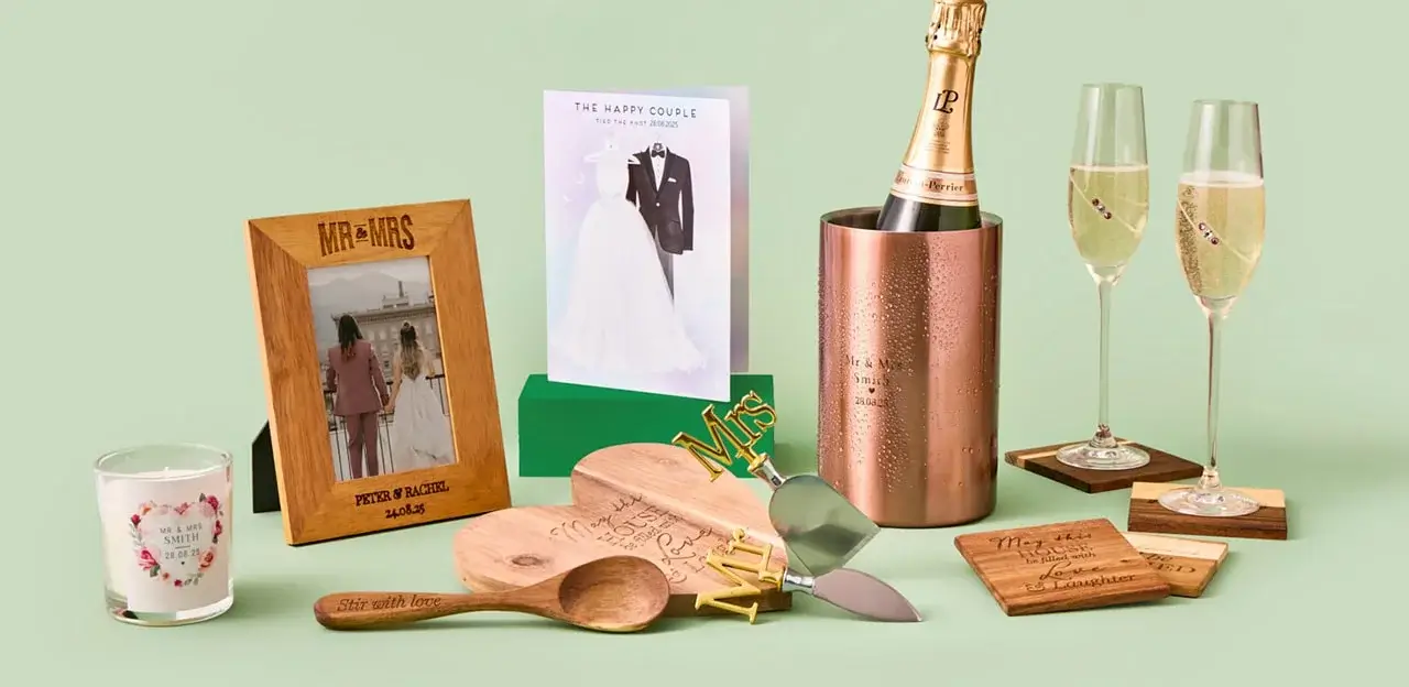 'A collection of wedding-themed items including a framed photo of a couple labeled 'MR & MRS' with the names 'PETER & RACHEL' and the date '14.06.23', a candle with the text 'ALL YOU NEED IS LOVE AND A LITTLE CANDLE', a greeting card titled 'THE HAPPY COUPLE', a champagne bottle in an ice bucket, two champagne glasses on coasters, wooden kitchen utensils engraved with hearts and the phrase 'Stir with love', and a cake server with a gold-colored 'Mrs' decoration.'