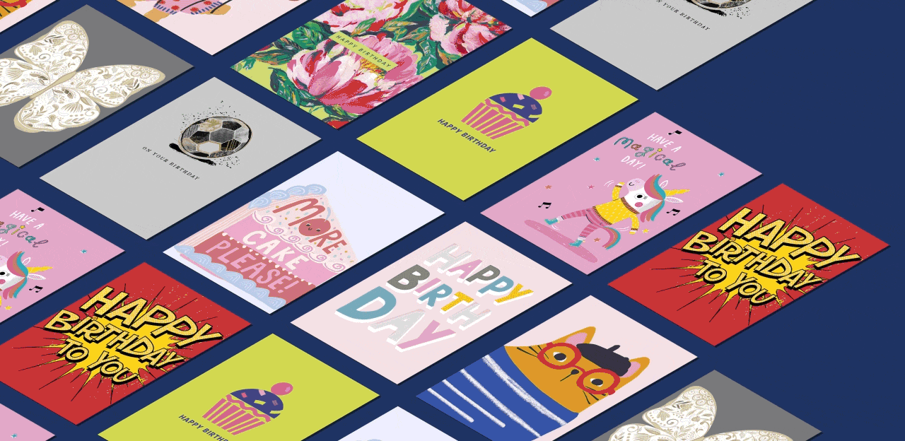 A collection of colorful greeting cards arranged on an orange background. The cards feature various designs, including a soccer ball, a bear with sunglasses, flowers, and birthday messages such as 'HAPPY BIRTHDAY', 'HAPPY BIRTHDAY TO YOU', and 'MORE CAKE PLEASE