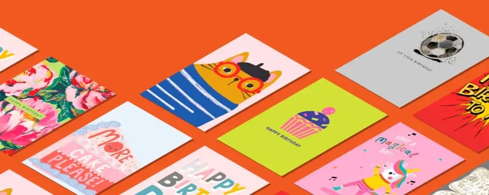 A collection of colorful greeting cards arranged on an orange background. The cards feature various designs, including a soccer ball, a bear with sunglasses, flowers, and birthday messages such as 'HAPPY BIRTHDAY', 'HAPPY BIRTHDAY TO YOU', and 'MORE CAKE PLEASE
