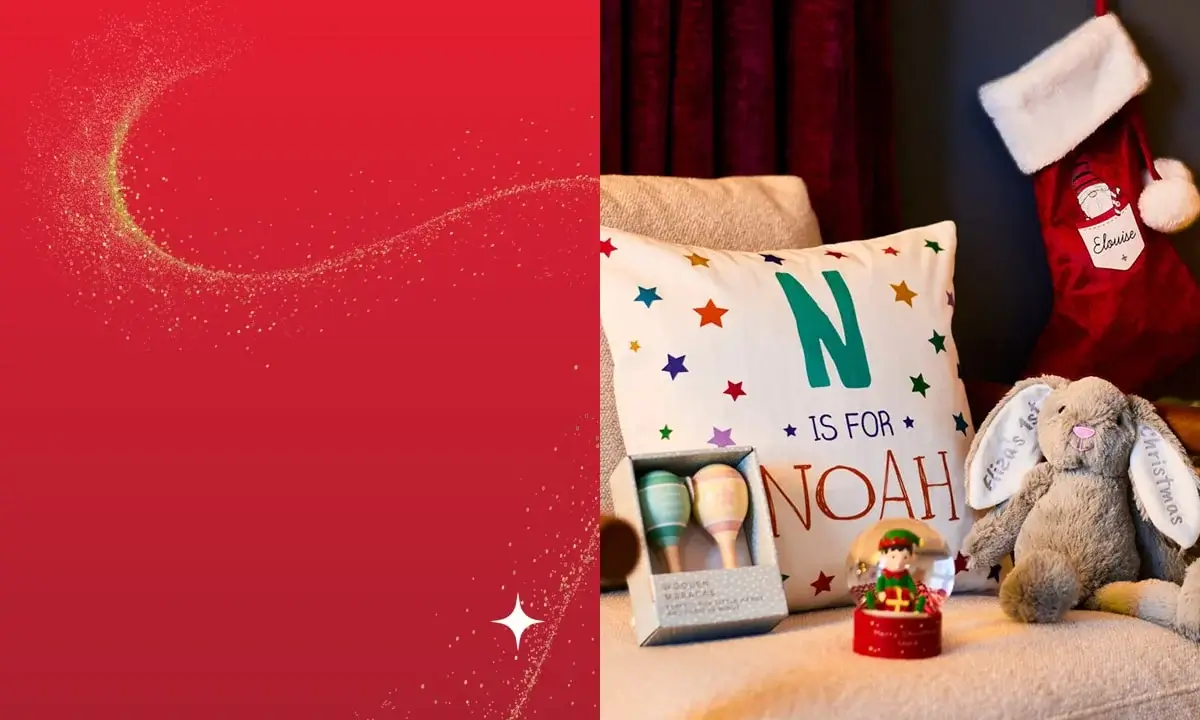 Cozy holiday scene with a beige armchair holding a personalised pillow that says N is for Noah, a plush bunny toy, pastel maracas, and a snow globe, next to a decorated Christmas tree with golden ornaments and a red stocking labeled Eleanor in the background. Cozy holiday scene with a beige armchair holding a personalised pillow that says N is for Noah, a plush bunny toy, pastel maracas, and a snow globe, next to a decorated Christmas tree with golden ornaments and a red stocking labeled Eleanor in the background.