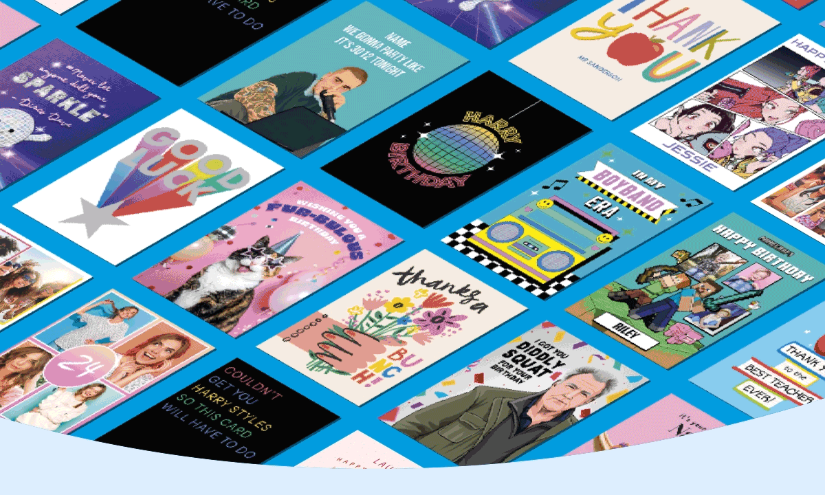 A colourful selection of greeting cards laid out in a grid, featuring designs for birthdays, weddings, thank‑you messages, new homes, and other celebrations. A colourful selection of greeting cards laid out in a grid, featuring designs for birthdays, weddings, thank‑you messages, new homes, and other celebrations.