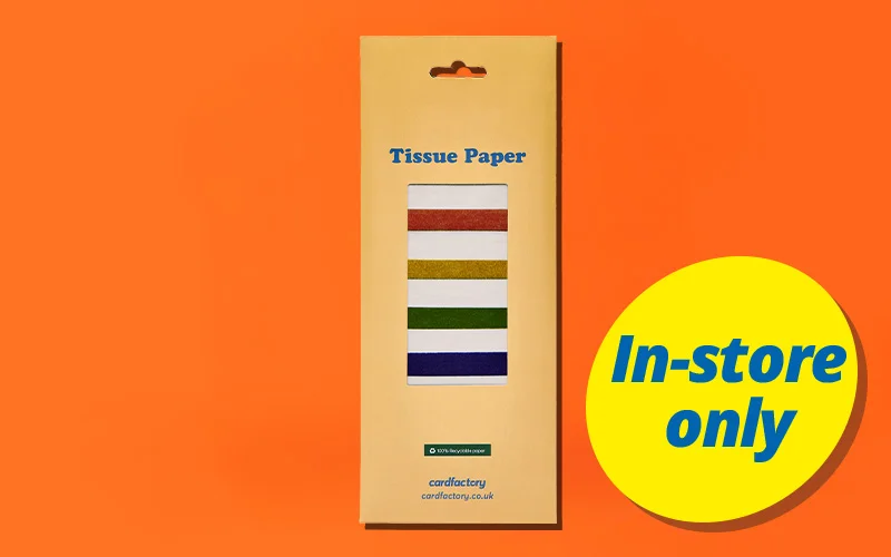 A pack of multicoloured tissue paper in beige packaging with a window showing sheets in red, gold, green and blue, labelled ‘Tissue Paper,’ displayed against a bright orange background with a yellow ‘In‑store only’ badge. A pack of multicoloured tissue paper in beige packaging with a window showing sheets in red, gold, green and blue, labelled ‘Tissue Paper,’ displayed against a bright orange background with a yellow ‘In‑store only’ badge.