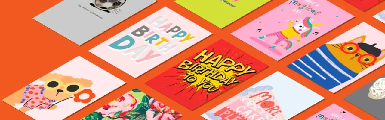 A collection of colorful greeting cards arranged on an orange background. The cards feature various designs, including a soccer ball, a bear with sunglasses, flowers, and birthday messages such as 'HAPPY BIRTHDAY', 'HAPPY BIRTHDAY TO YOU', and 'MORE CAKE PLEASE