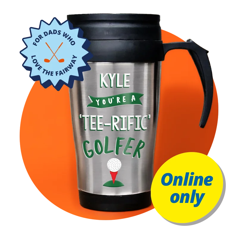 A golf‑themed gift set including a white mug printed with ‘Tee Time!’ and a cartoon golf ball, paired with grey patterned socks and green gift tags reading ‘For a par‑fect guy’ and ‘Just your cup of tee,’ displayed against a blue background with a ‘For dads who love the fairway’ badge. A golf‑themed gift set including a white mug printed with ‘Tee Time!’ and a cartoon golf ball, paired with grey patterned socks and green gift tags reading ‘For a par‑fect guy’ and ‘Just your cup of tee,’ displayed against a blue background with a ‘For dads who love the fairway’ badge.