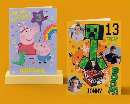 Children’s birthday cards featuring a personalised Peppa Pig design and a personalised Minecraft-themed 13th birthday photo card on a yellow background.