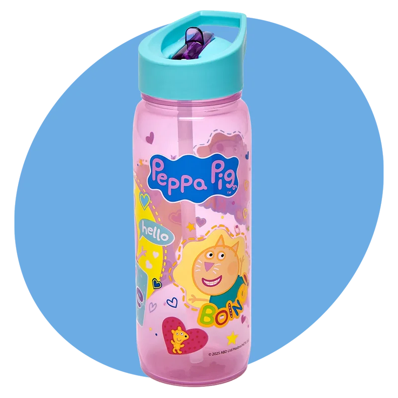 A pink Peppa Pig reusable drinks bottle with a teal flip‑top lid, decorated with Peppa Pig character graphics, hearts and stars, displayed against a blue circular background.